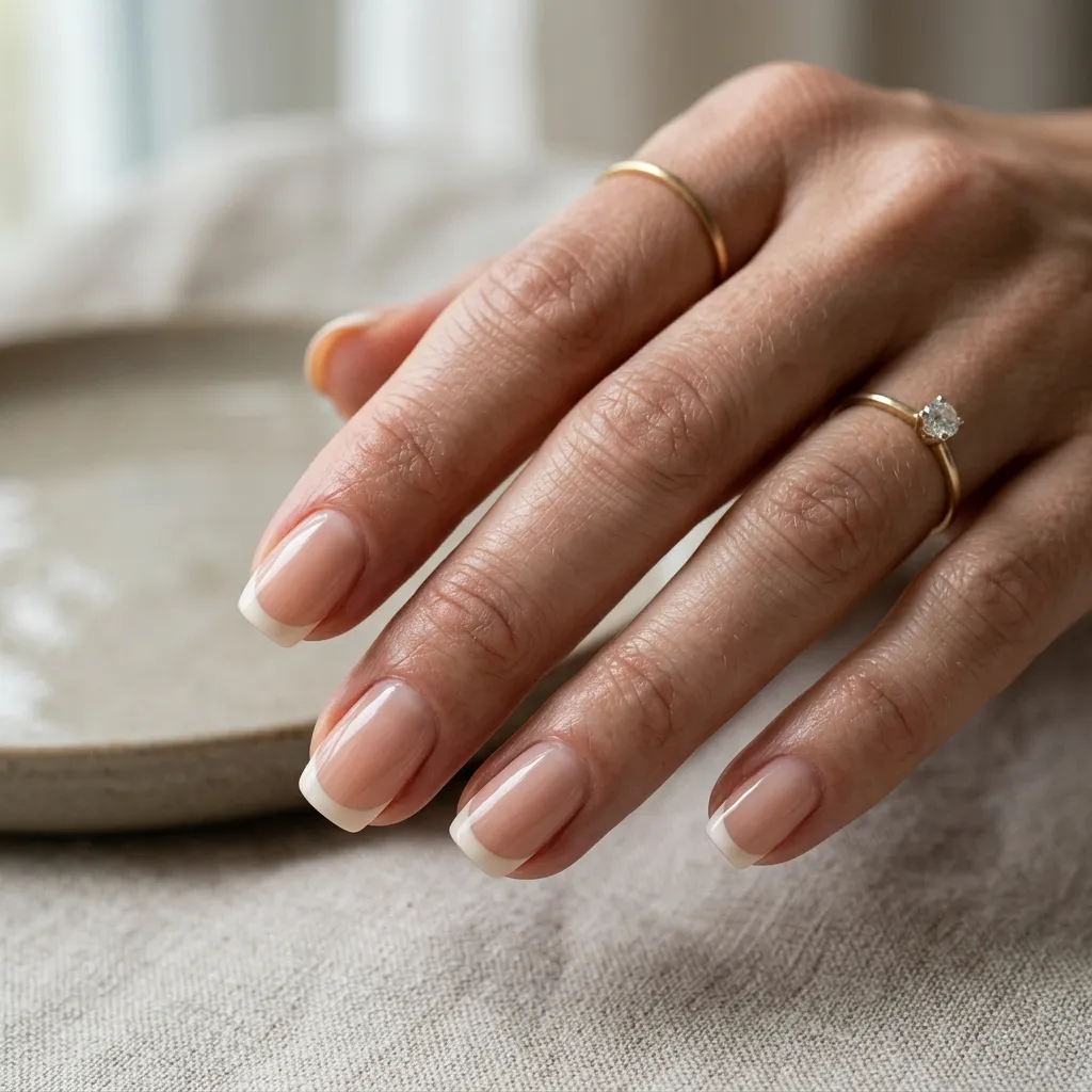 Natural french tip nails with subtle cream tips and minimal nude manicure