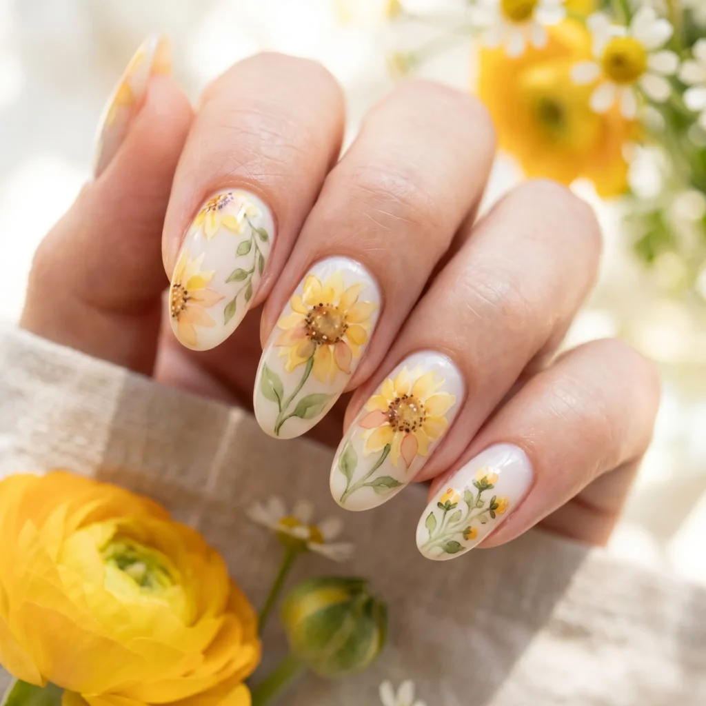 Watercolor sunflower nail art with soft blended yellow and peach tones on oval nails