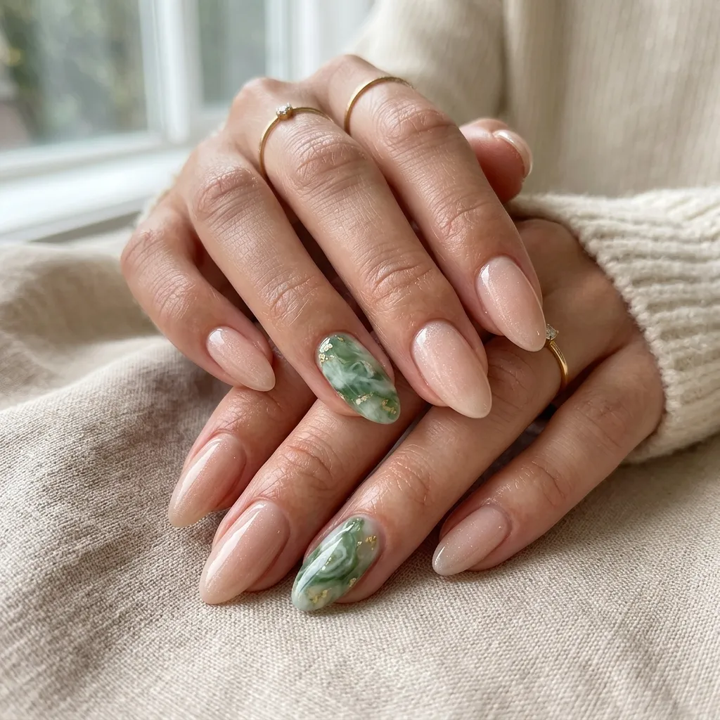 Minimalist nude manicure featuring jade marble accent nails on the ring fingers.