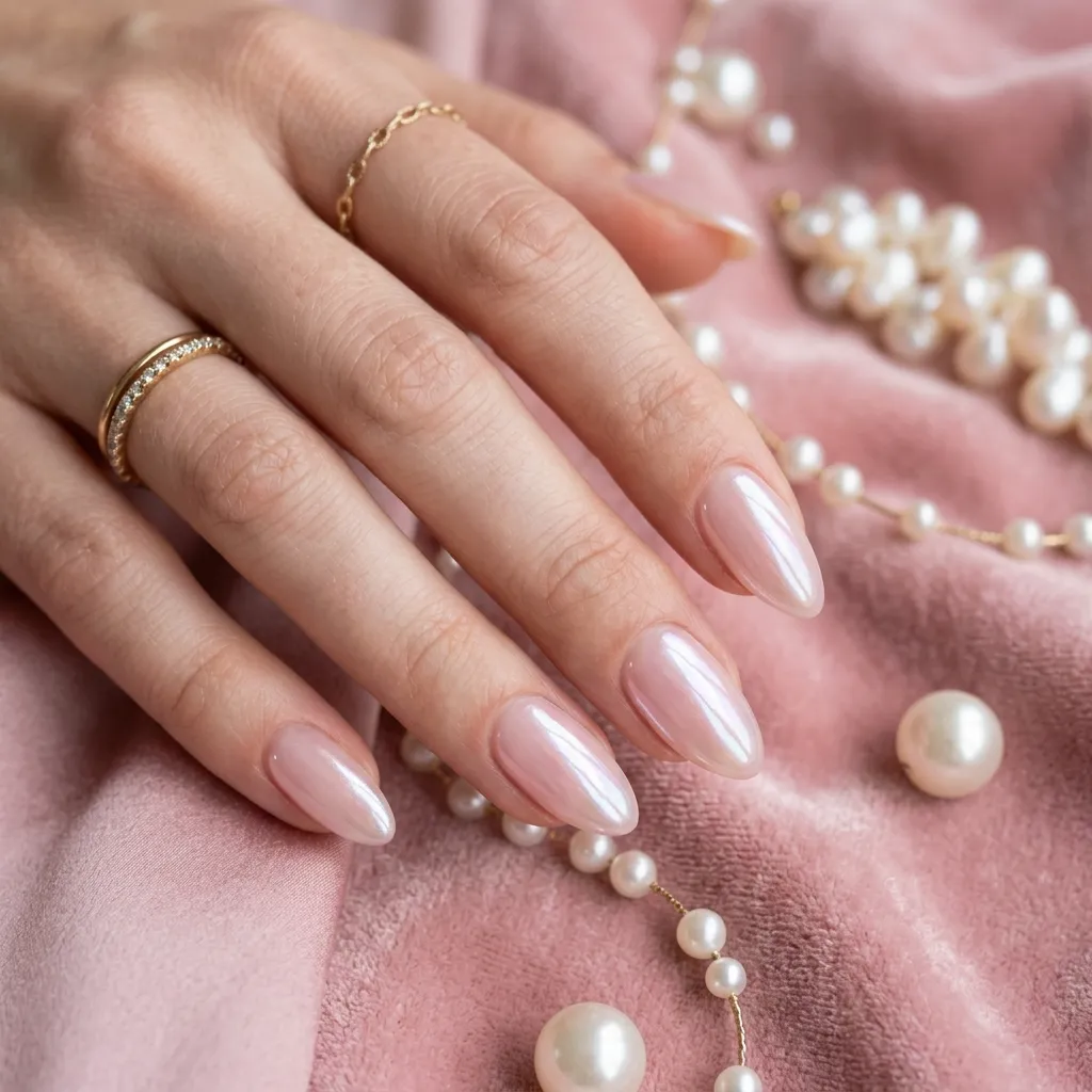 Milky sheer pink glazed donut nails with pearl accessories