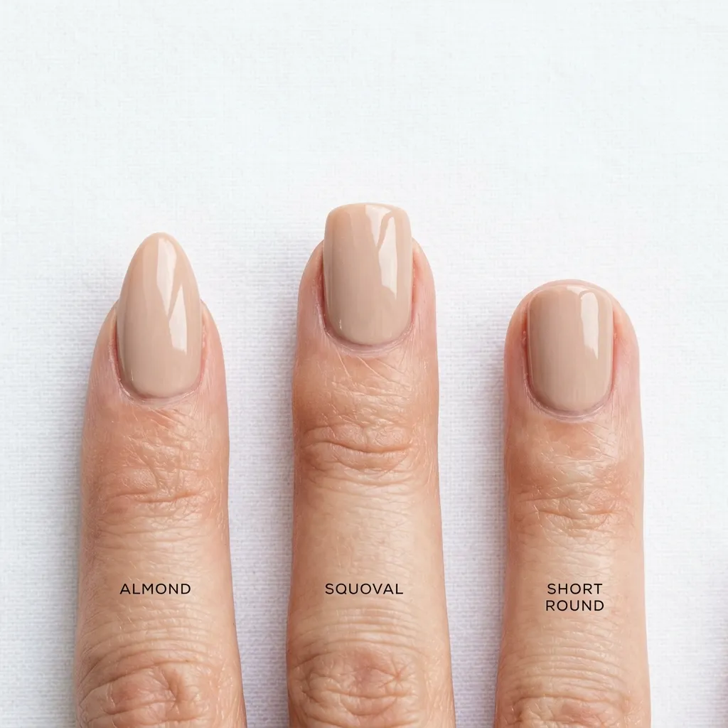 Three press-on nail shapes side by side — almond, squoval, and short round — in a neutral nude finish