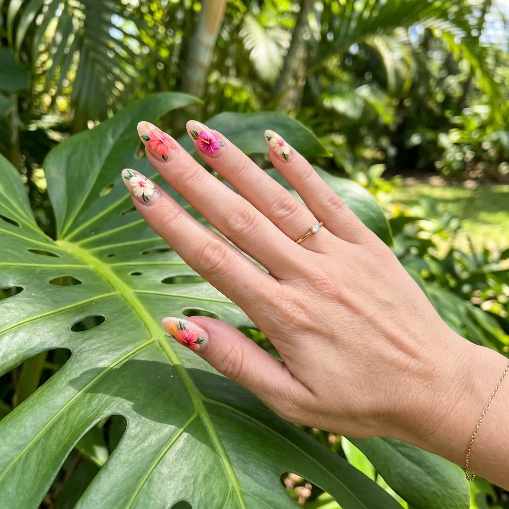 Hibiscus tropical floral vacation nail art 2026 on almond nails