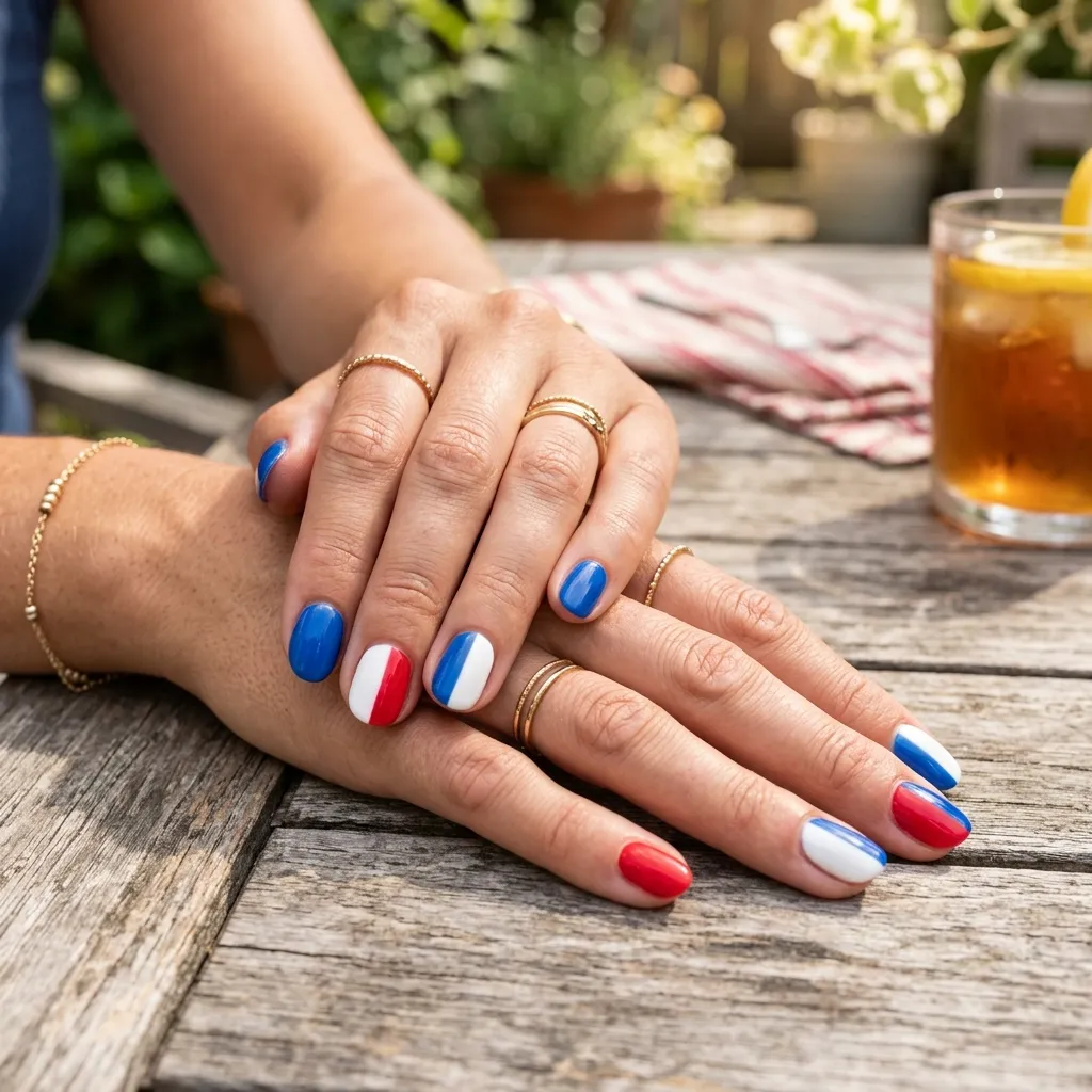 Simple color blocked red white blue nails for fourth of july beginners