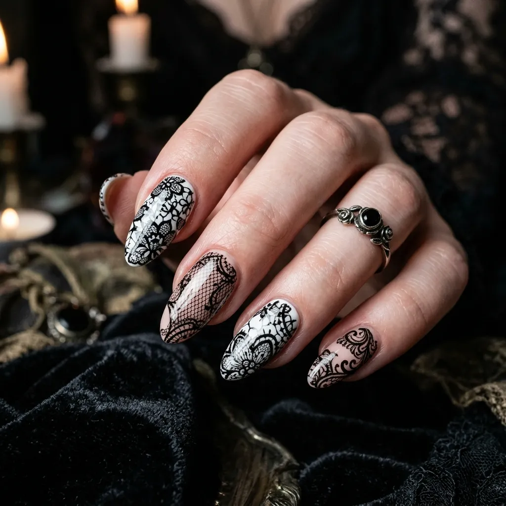 lace nails 2026 single lace accent nail on nude base