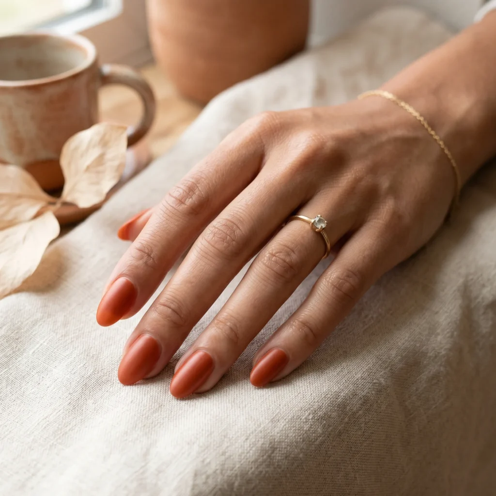 tuscan nail art burnt orange satin finish medium oval 2026
