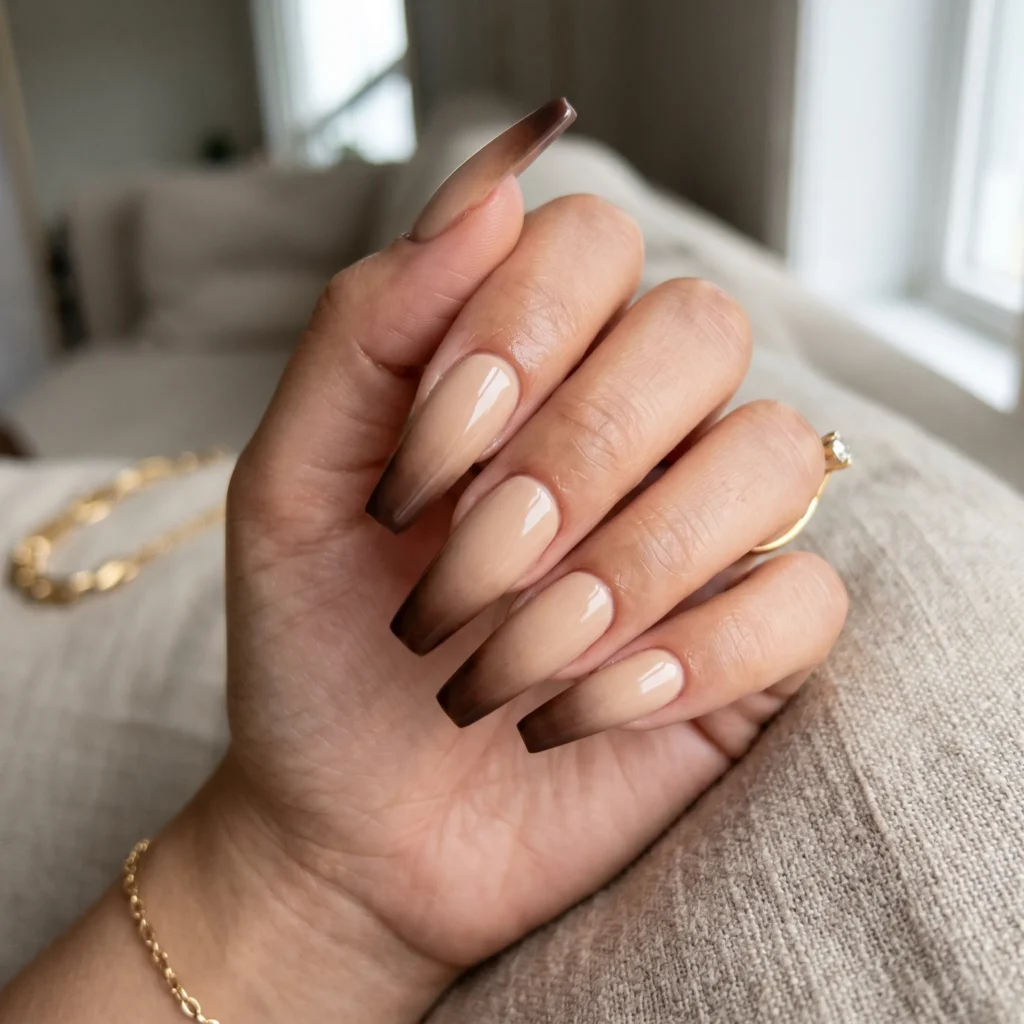 tuscan nail art warm neutral ombre smoky tips coffin 2026