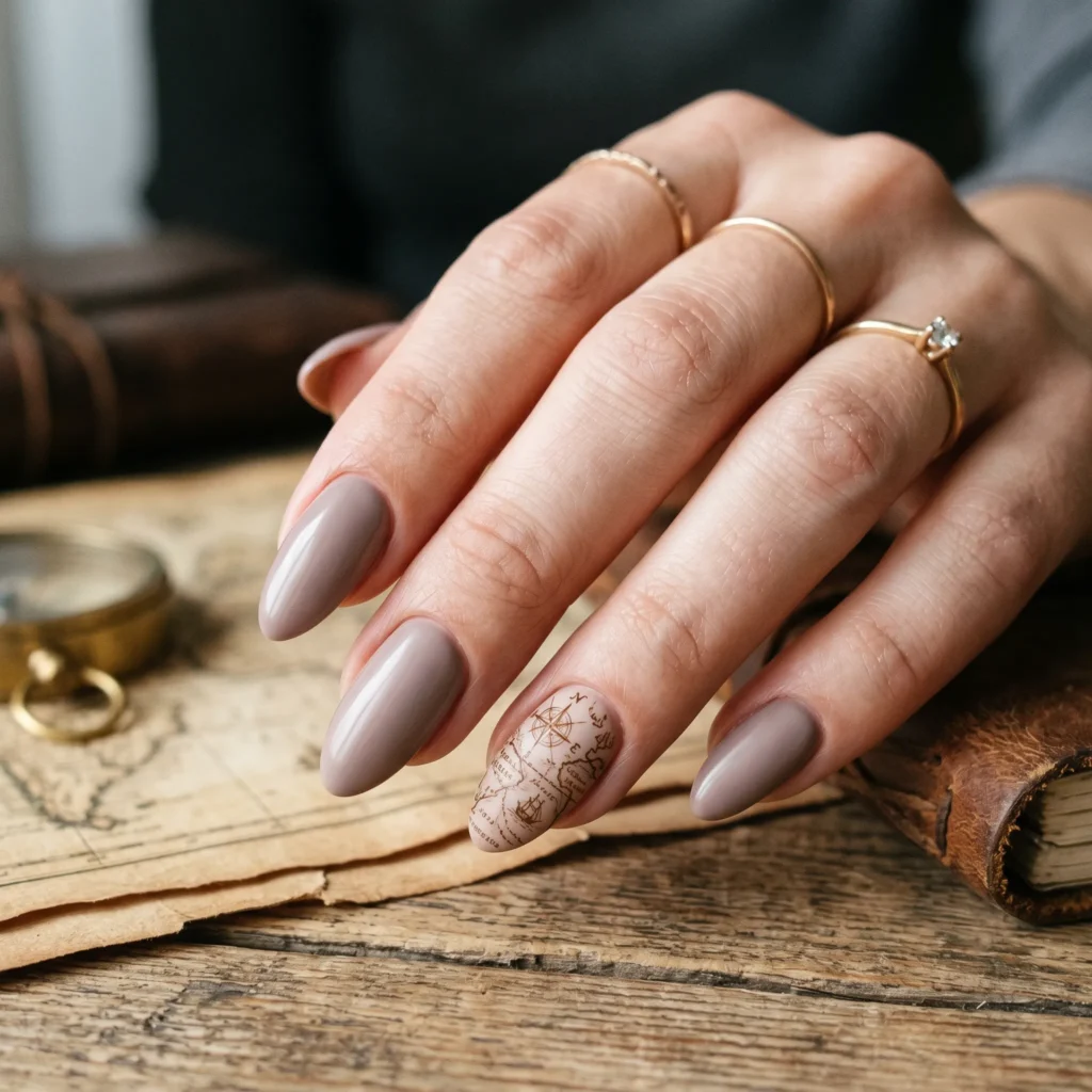 tuscan nail art antique map detail accent nail almond 2026