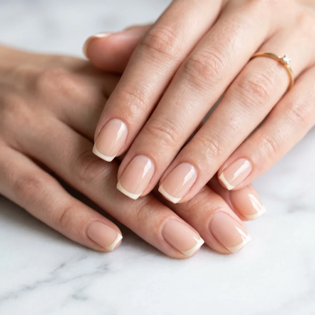 Mother's Day nails 2026 &mdash; modern micro French tip in warm white on squoval nails