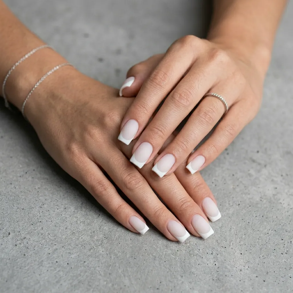 Modern matte white french tip nails on square-shaped manicure