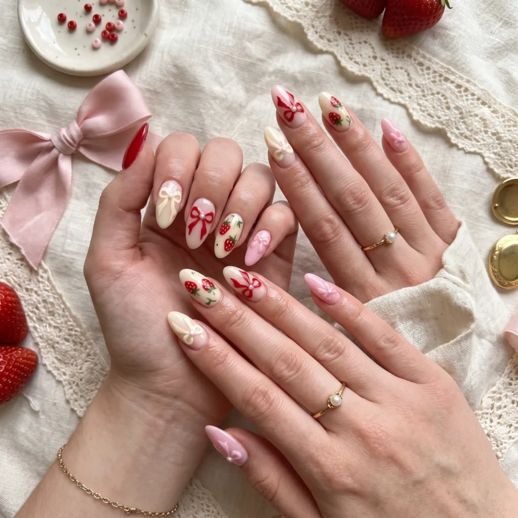 strawberry nails 2026 coquette bow accent long almond red pink