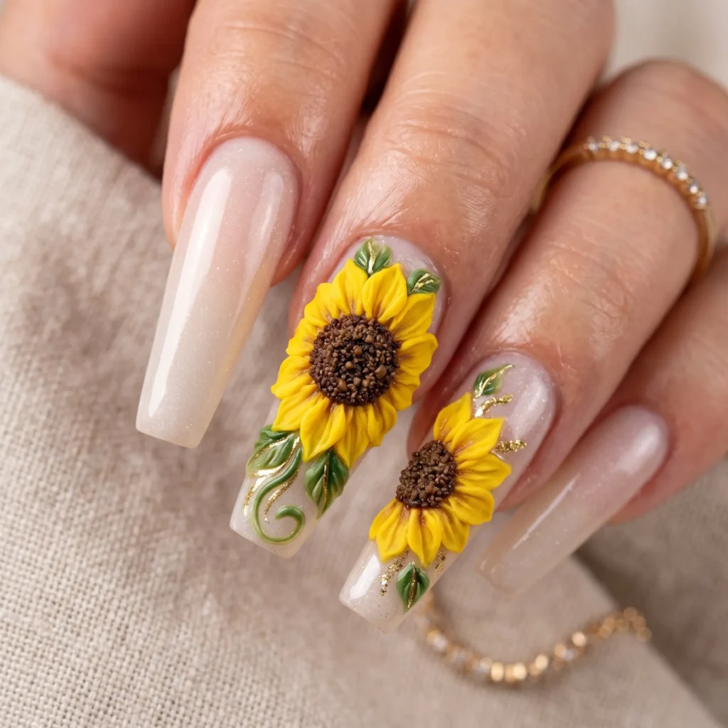 3D sunflower gel nail art with raised dimensional petals on long coffin nails