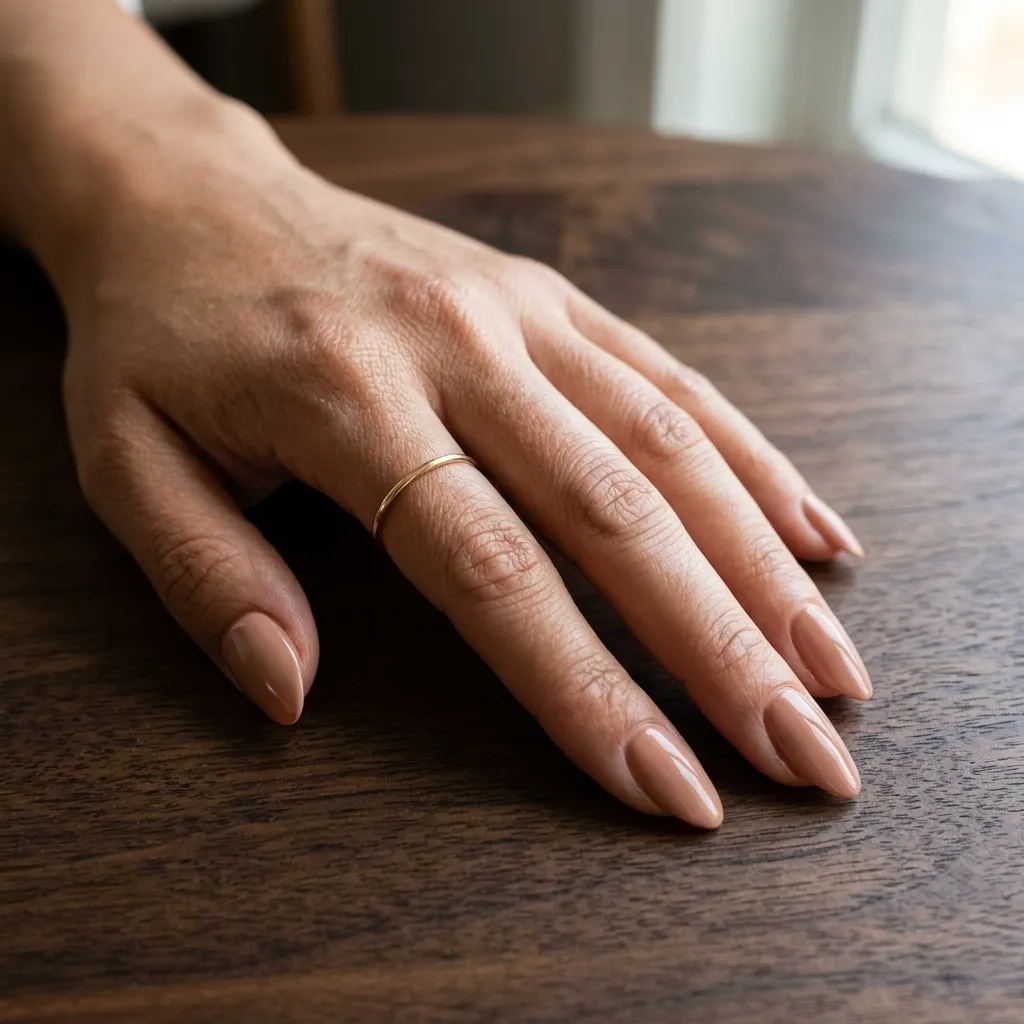 "Warm nude graduation gel nails on medium skin — professional elegant manicure 2026"