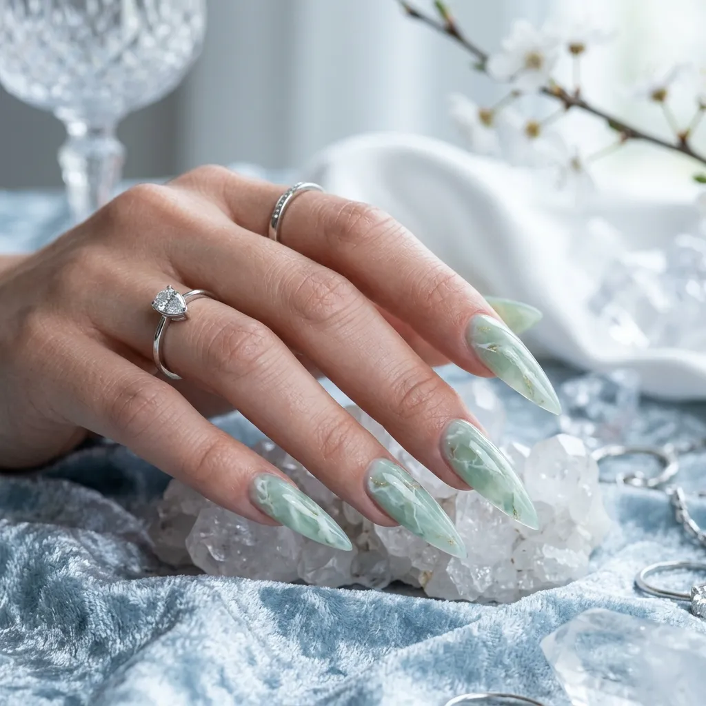 Long stiletto nails with pale jade marble detailing and translucent white veining.