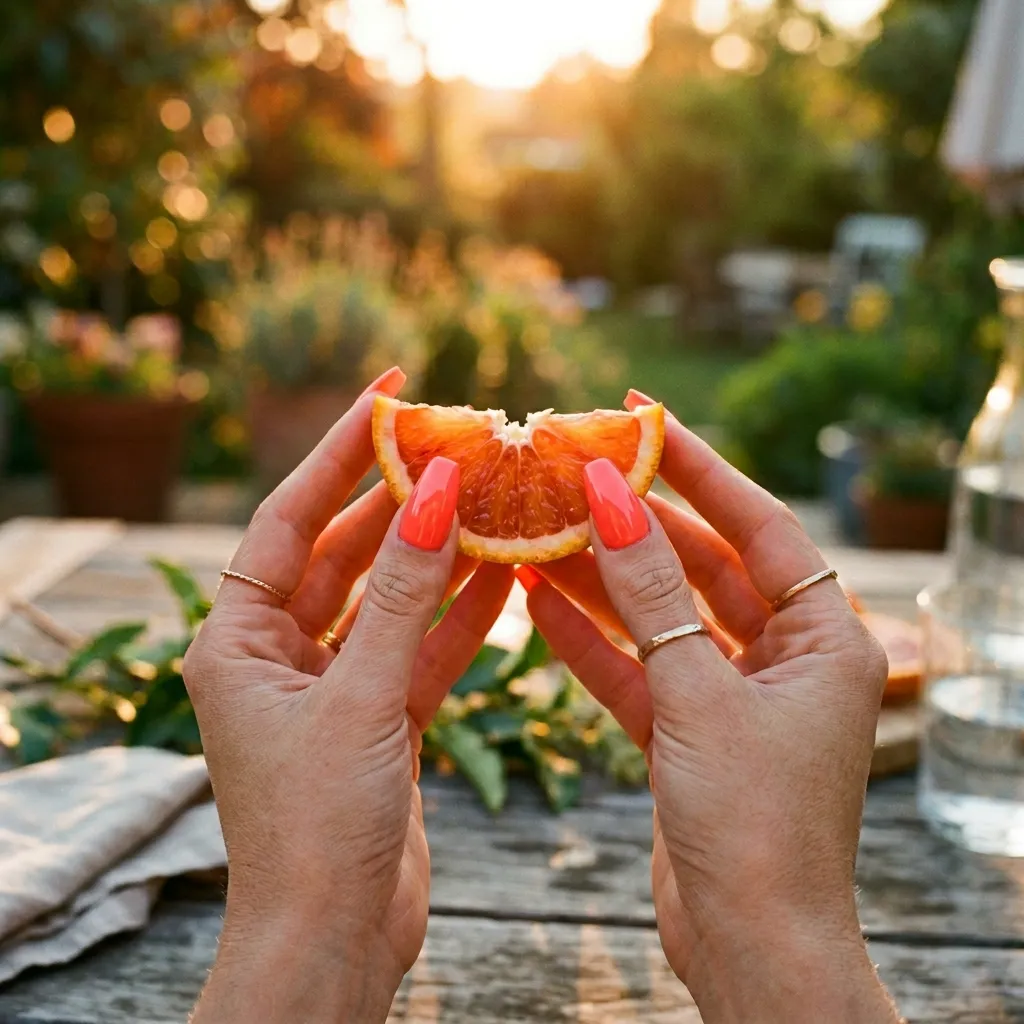 Bright coral coffin nails holding a citrus slice in golden hour light