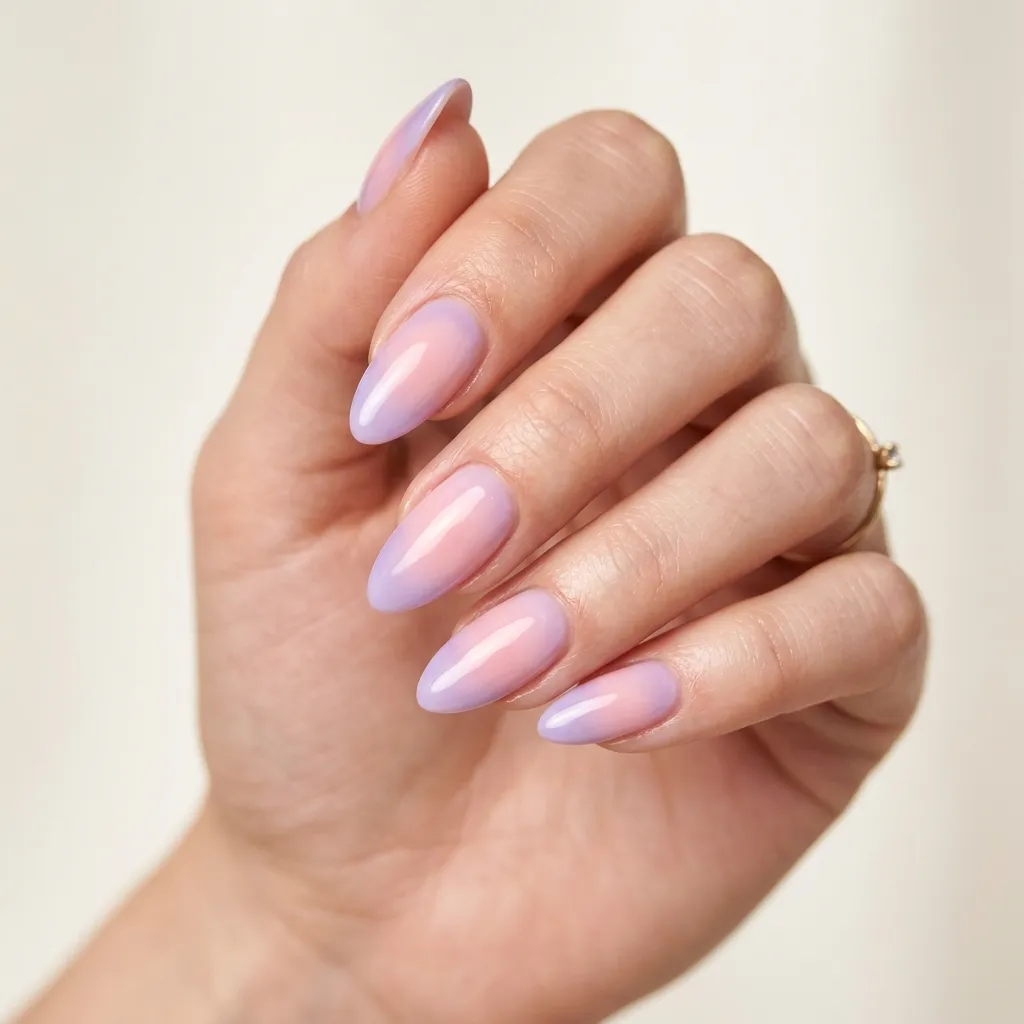 Almond press-on nails with a soft blush to lavender aura gradient finish against a clean background