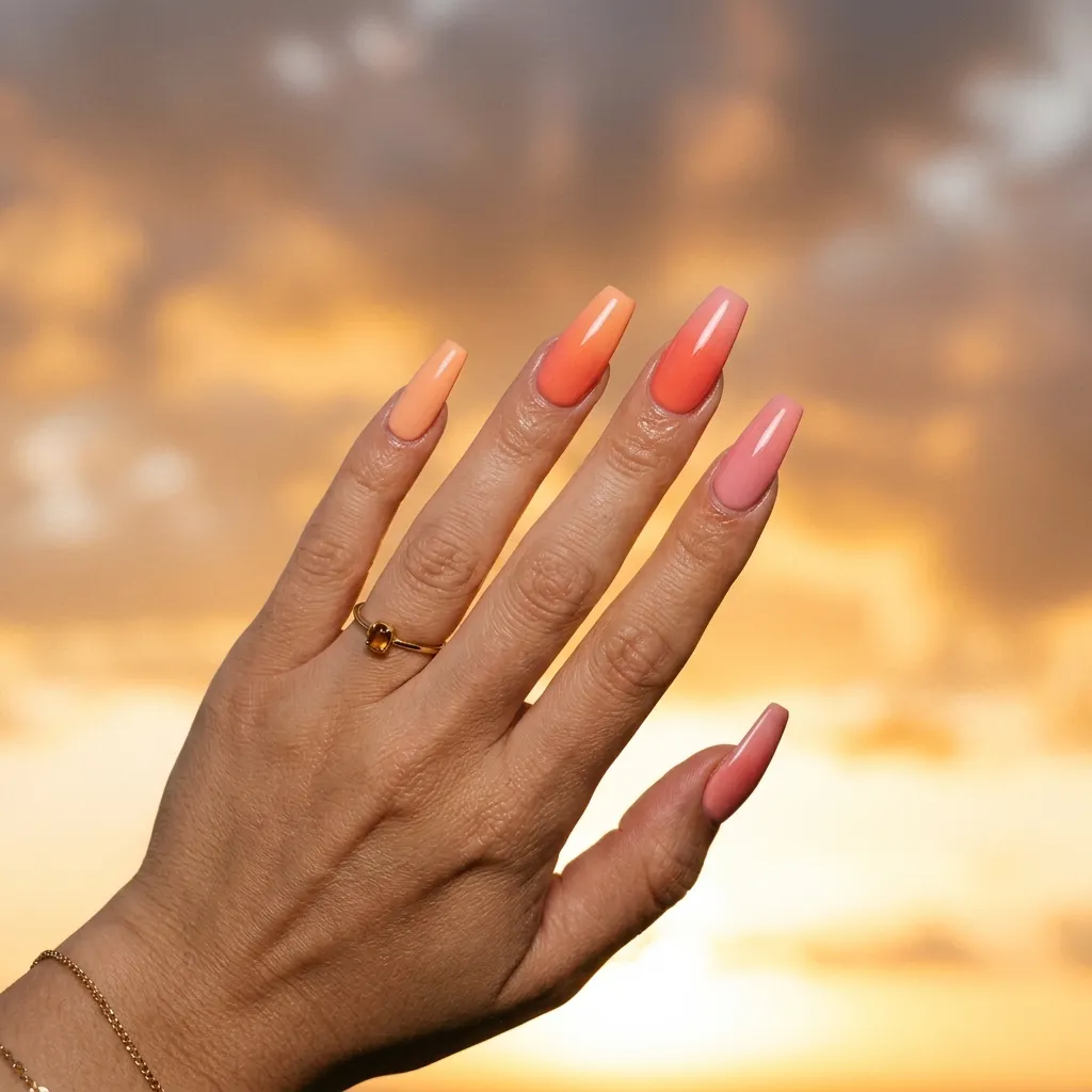 Sunset ombre coffin vacation nails 2026 peach coral rose gradient