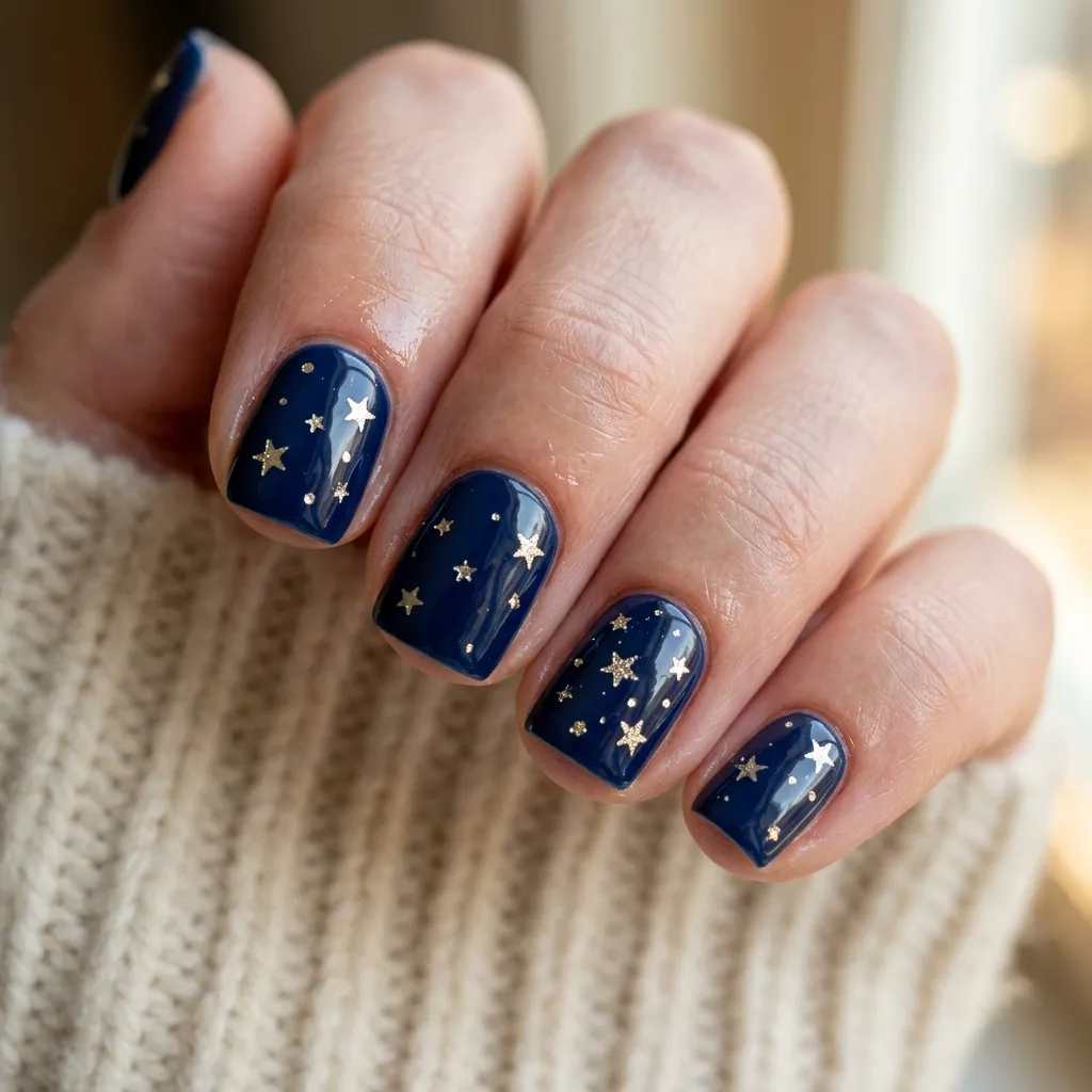 Navy blue nails with white star accents for fourth of july 2026
