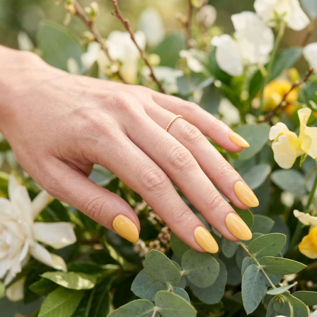 Mother's Day nails 2026 &mdash; butter yellow oval nails, warm spring nail colour 2026