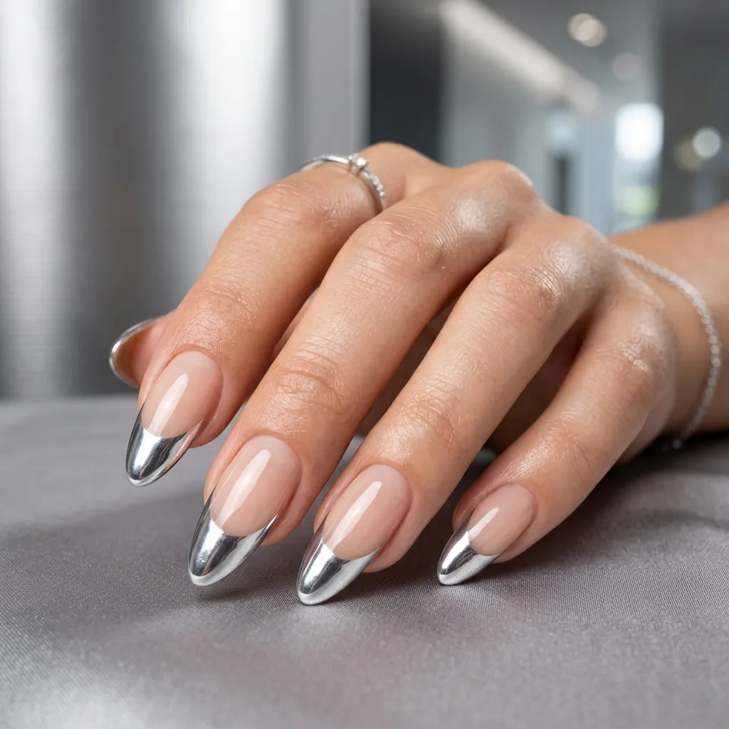 Chrome silver french tip nails with reflective metallic finish on almond nails