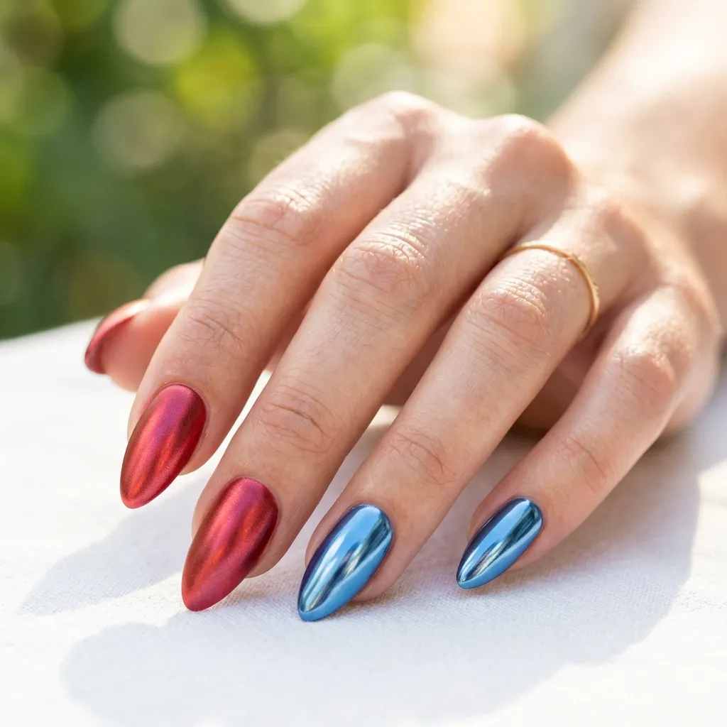 Frosted chrome red and blue patriotic nails 2026 trend