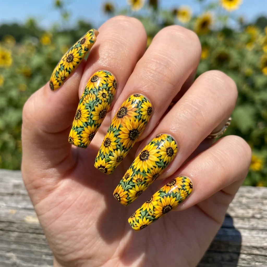 Full coverage sunflower field nail art covering all nails in multi-tone yellow florals
