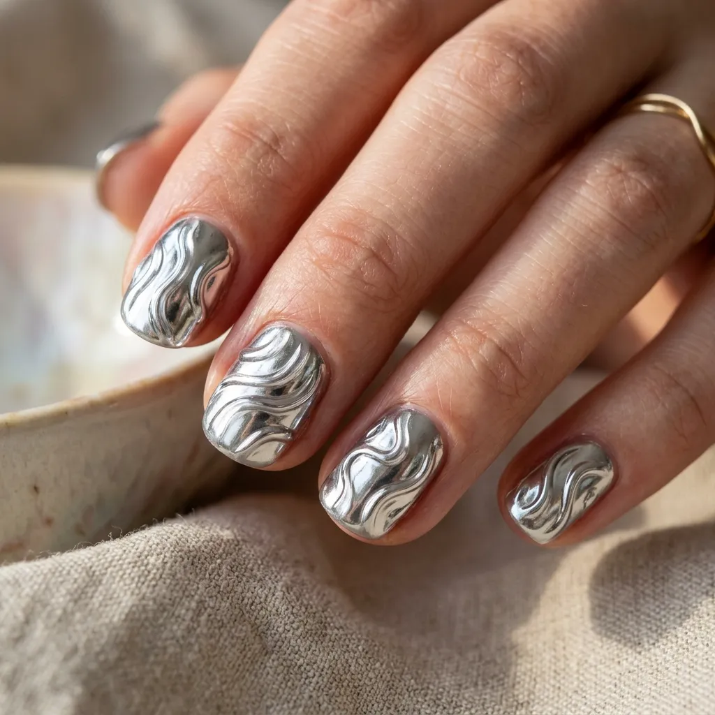 korean nails 2026 textured wave nails silver chrome raised wave pattern