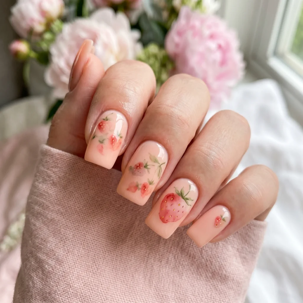 strawberry nails 2026 watercolor effect soft square peach