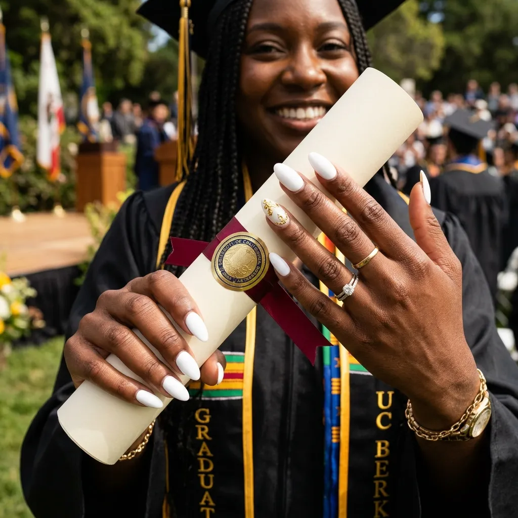 "Bright white graduation nails on dark brown skin tone holding diploma — bold contrast 2026"