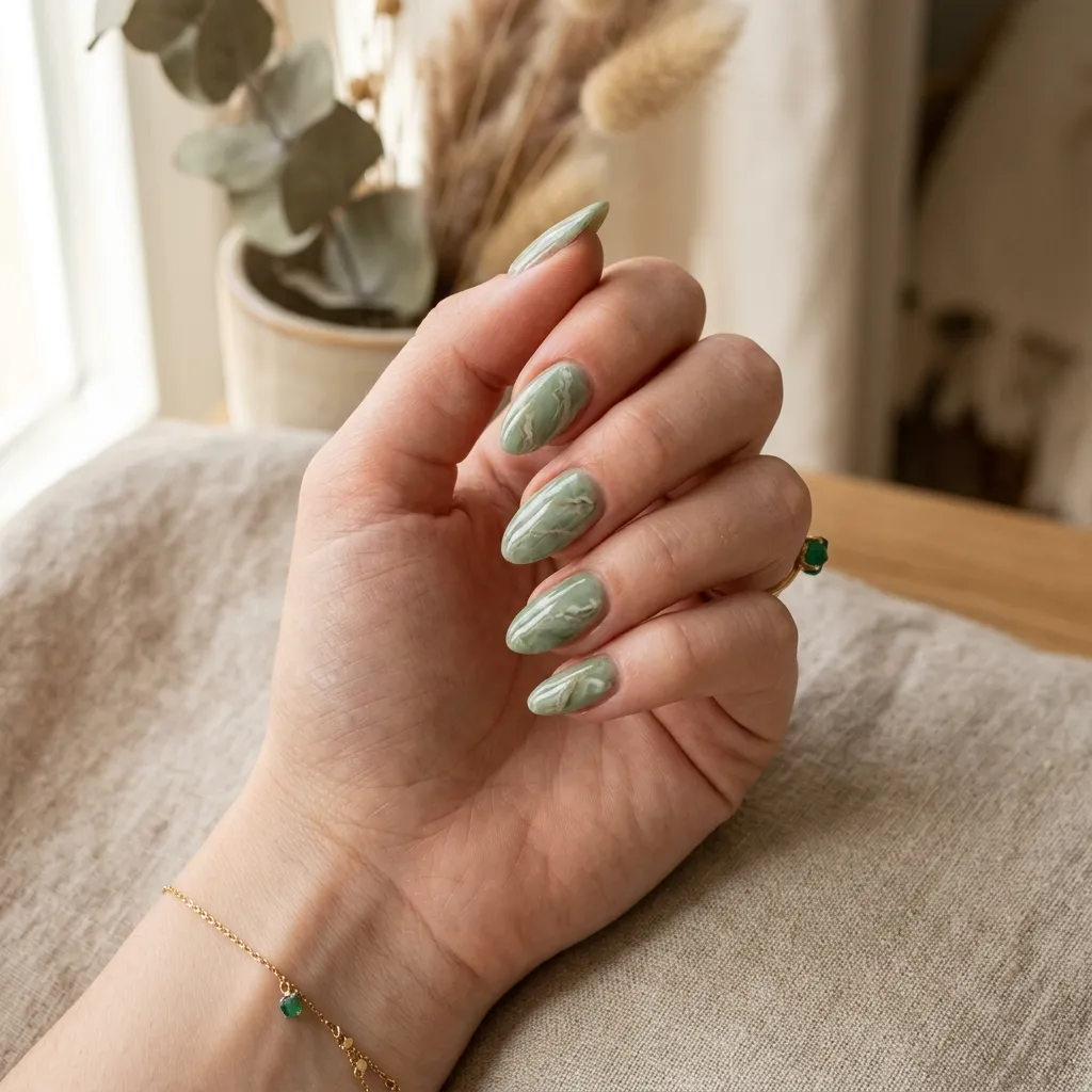 Soft sage marble nails with muted green tones and subtle white veining for a wearable luxury look.
