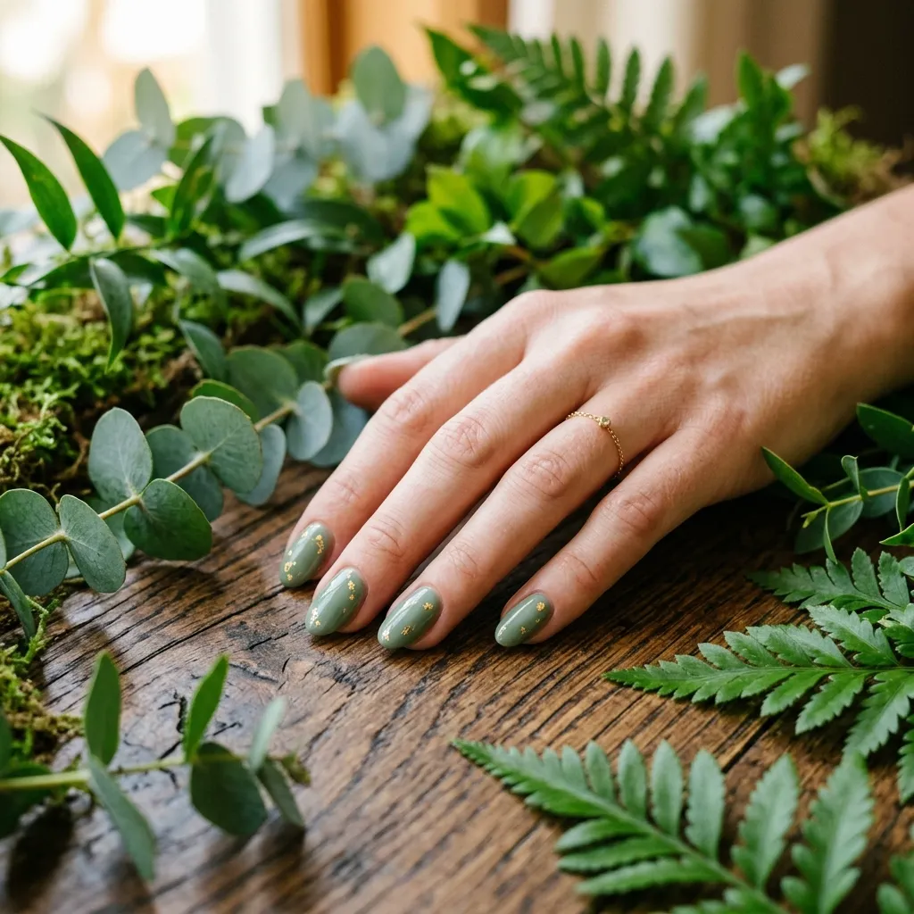 Sage green oval nails with gold foil accents on natural wood surface