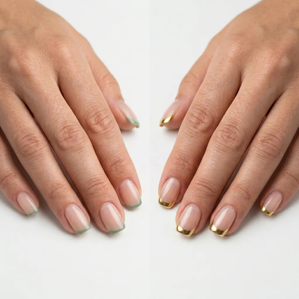 Side-by-side comparison of sage green and chrome gold micro French tip press-on nails on squoval shapes