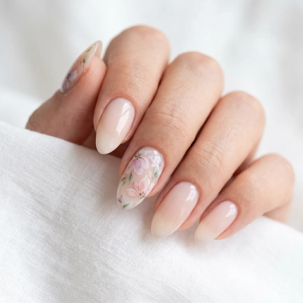 Mother's Day nails 2026 &mdash; watercolour floral nail art on sheer milky base, accent nails