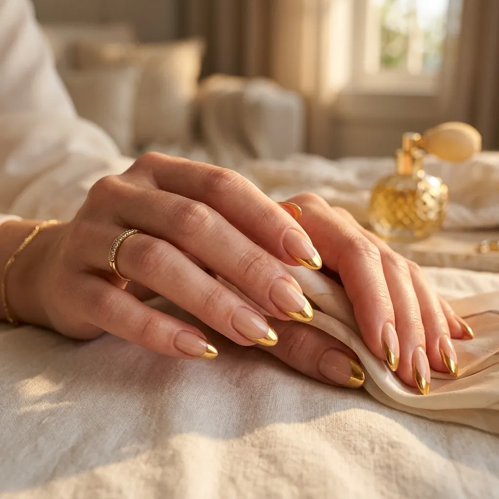 Luxury gold chrome french tip nails with glossy nude base