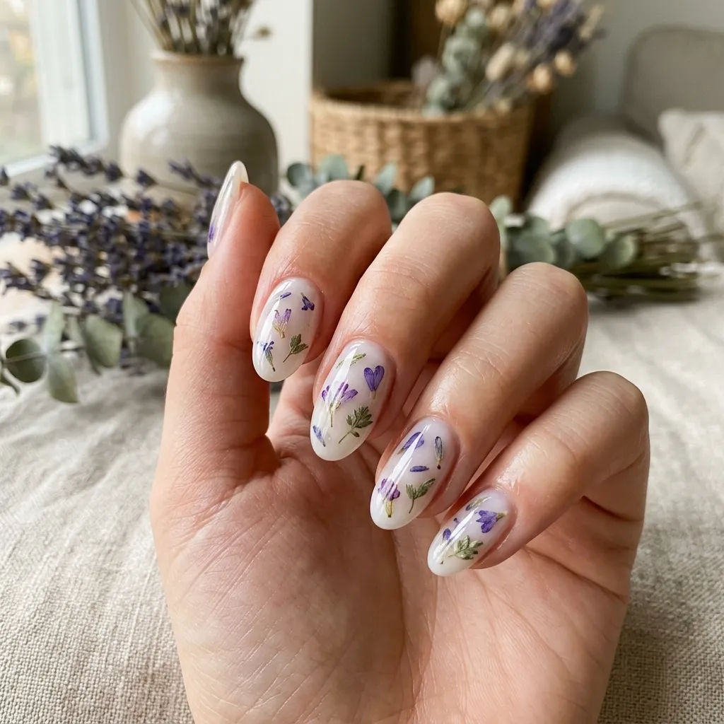 korean nails 2026 milk bath nails white base dried purple flowers oval