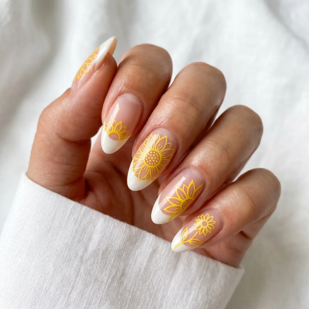 Negative space sunflower nail art with outlined yellow petals on almond nails