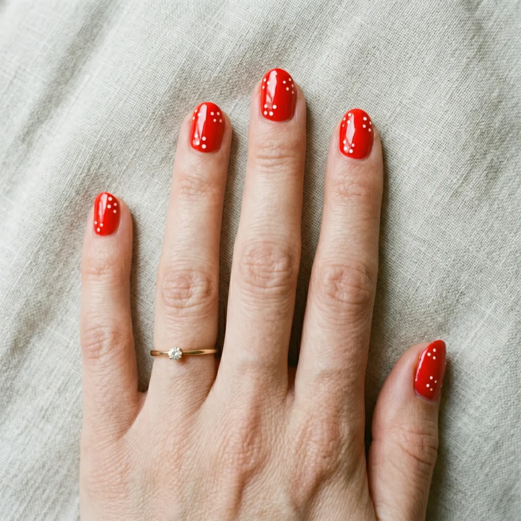 strawberry nails 2026 seed dots white on red short oval