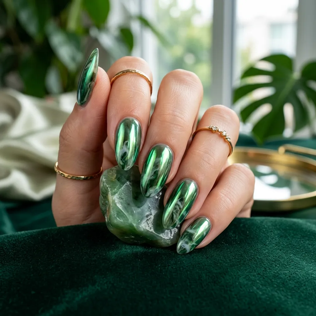 Reflective jade marble chrome nails with metallic green shine and gemstone-inspired texture.