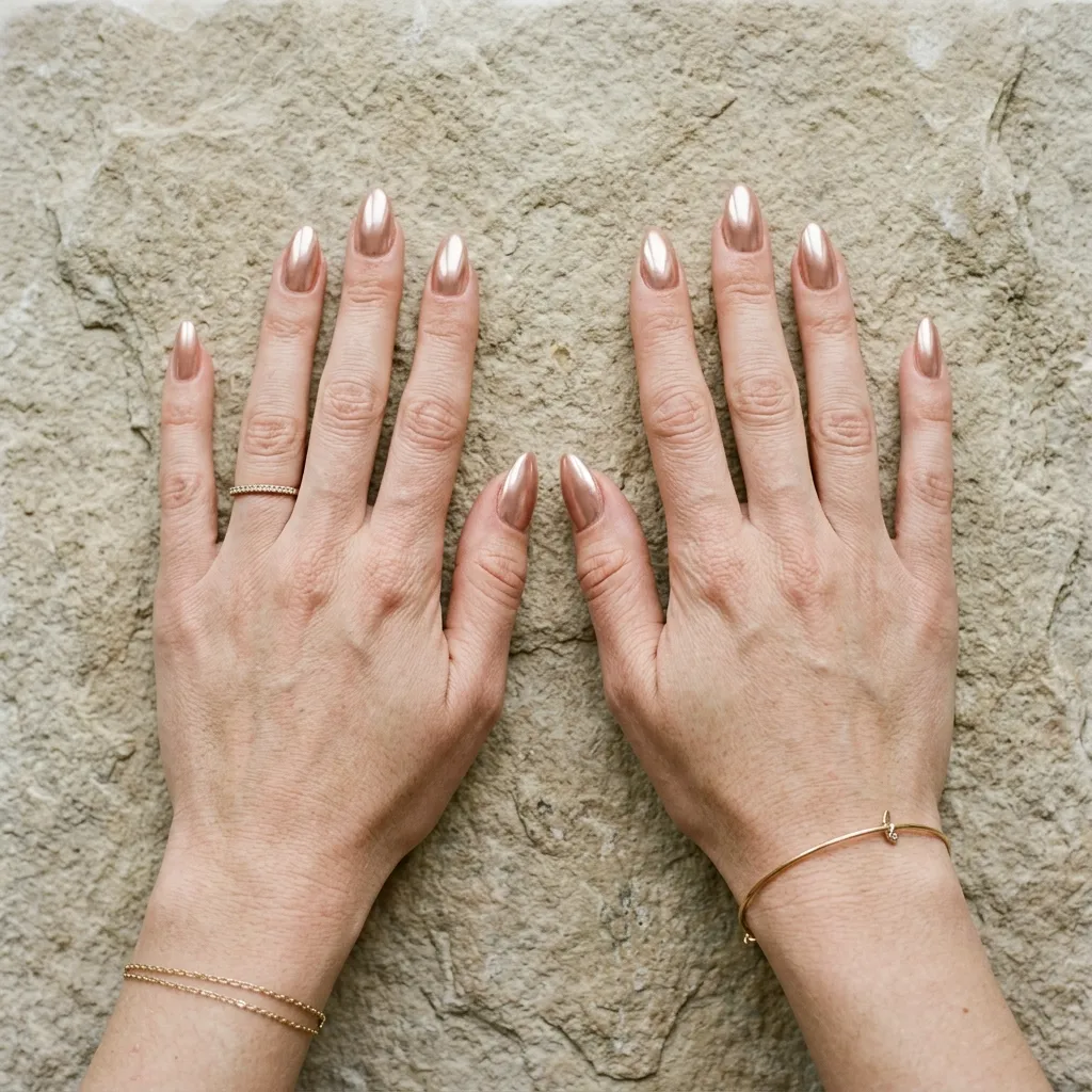 Rose gold nude chrome almond nails on neutral stone background