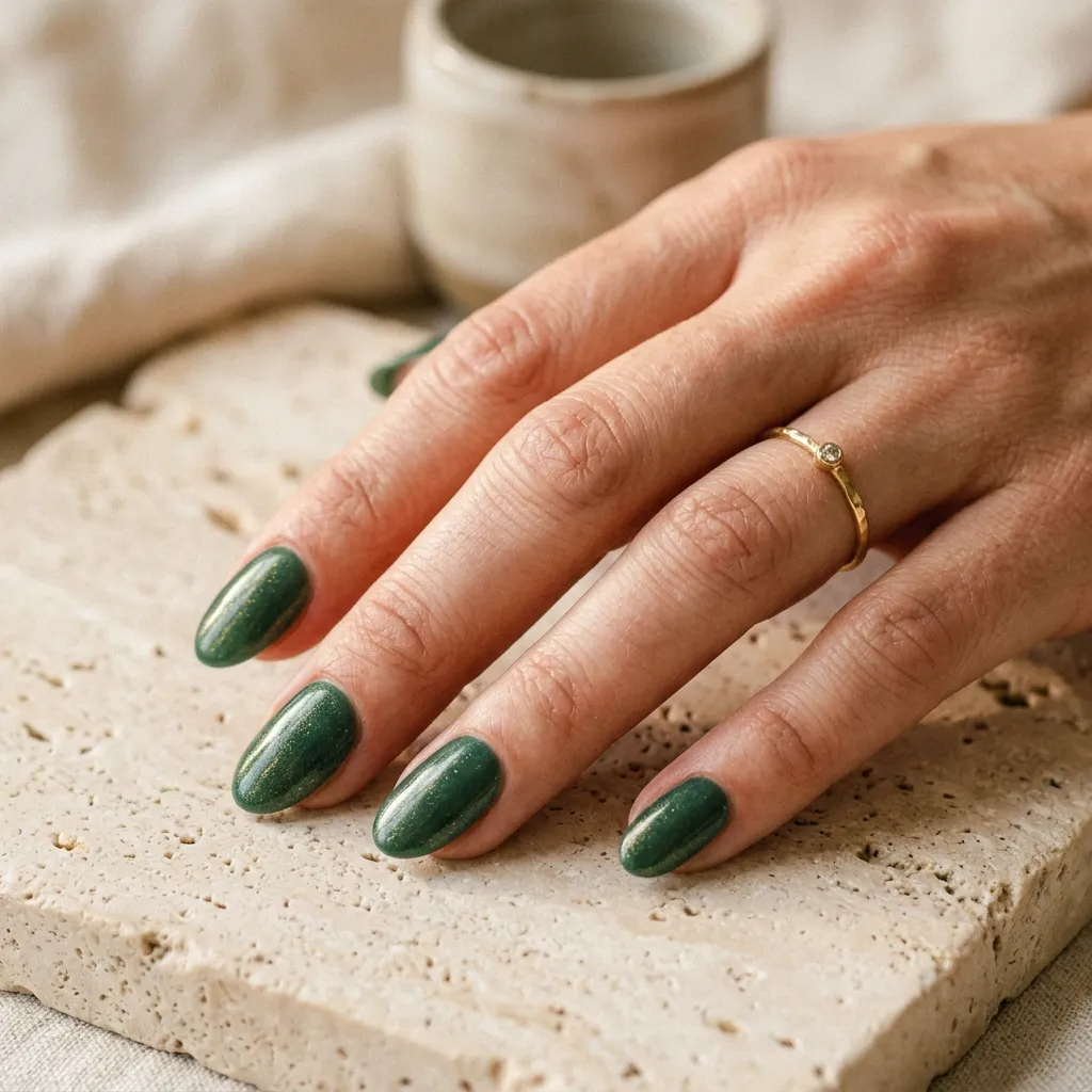 Oval press-on nails in deep jade green with gold shimmer finish styled with a gold ring on a stone surface