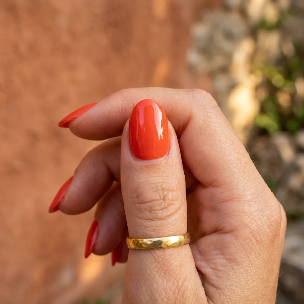 Glossy tomato red vacation nails 2026 oval shape Mediterranean setting