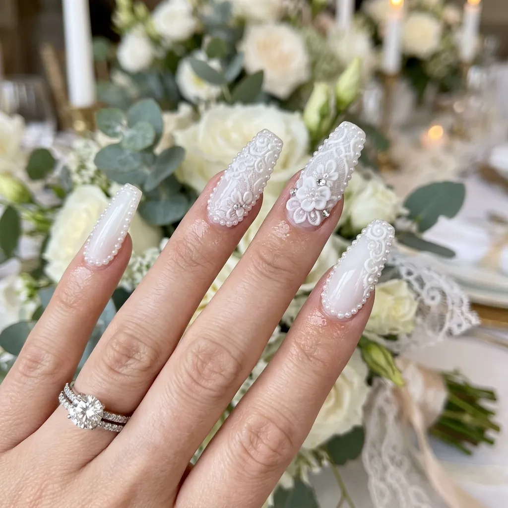 lace nails 2026 3D lace nails with pearl and rhinestone accents