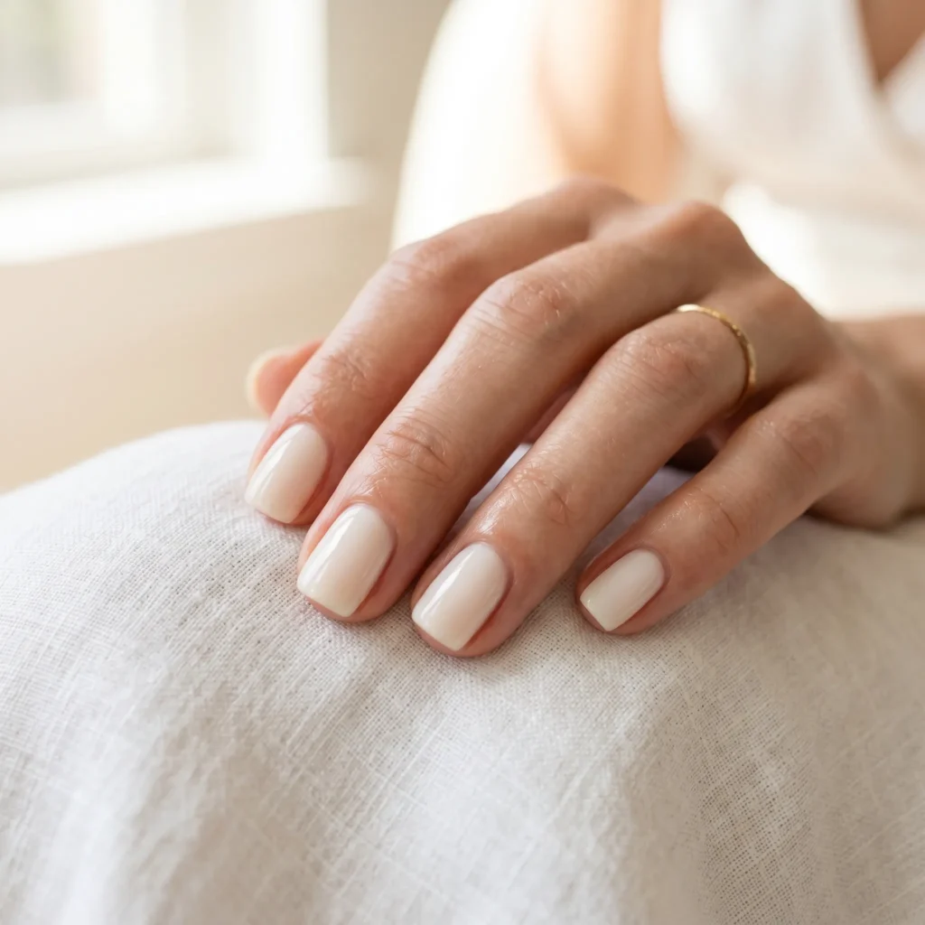 Mother's Day nails 2026 &mdash; milk bath short squoval nails in milky white gel, clean manicure