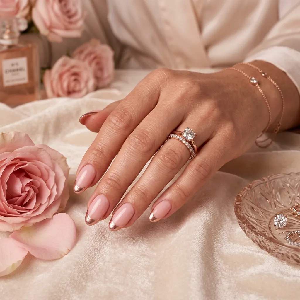 Rose gold metallic french tip nails with soft feminine manicure aesthetic