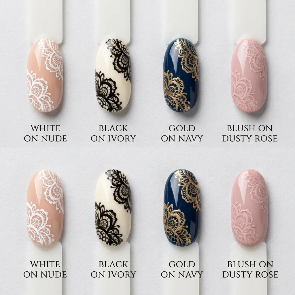 lace nails 2026 color combinations swatches nude black gold blush