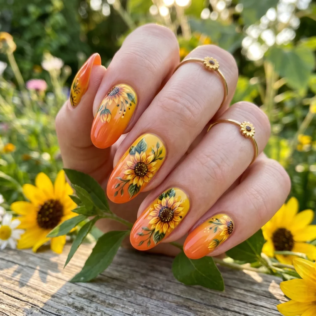Sunflower ombre nail art with orange to yellow gradient and painted floral details
