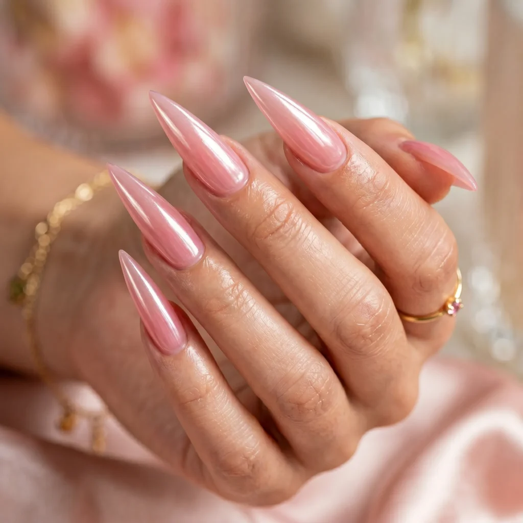 strawberry nails 2026 glazed donut finish pink stiletto