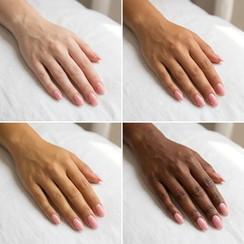 "Graduation nail color guide — soft pink nails on four different skin tones comparison"