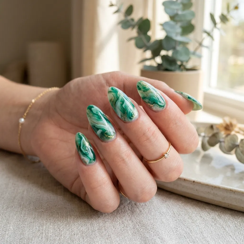 Glossy jade and white swirl marble nails with fluid abstract movement and artistic detailing.