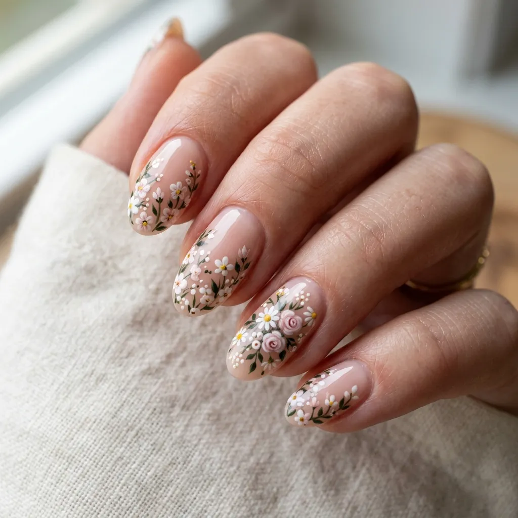 Micro floral hand-painted nail art in pink and white on sheer nude base