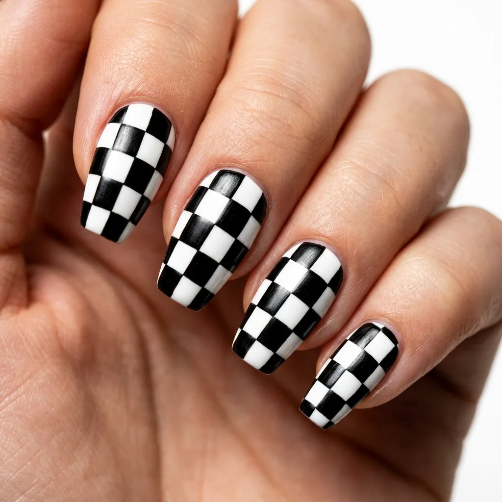 Short coffin press-on nails with a bold black and white checkerboard pattern on a white background